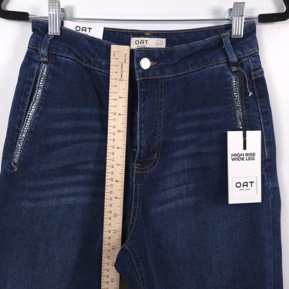 NWT OAT‎ NEW YORK High Rise Wide Leg Rhinestone Pocket Detail Raw Hem Jeans - Picture 8 of 15